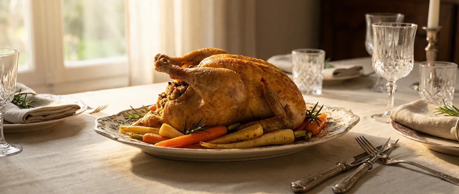Une poularde farcie rôtie entourée de légumes racines glacés sur une table de fête élégante.