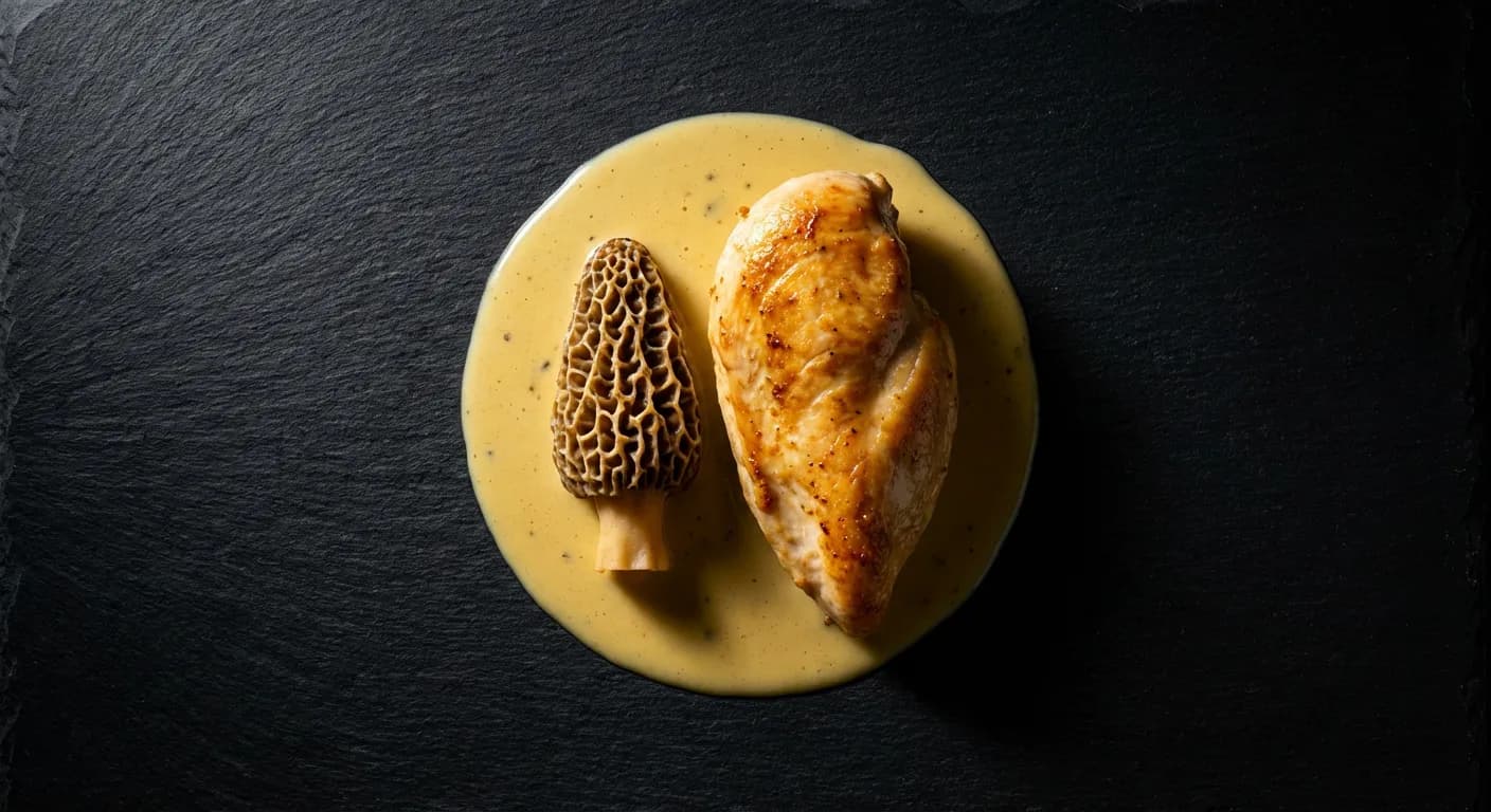 Détail d'une morille et sauce crémeuse au vin jaune.