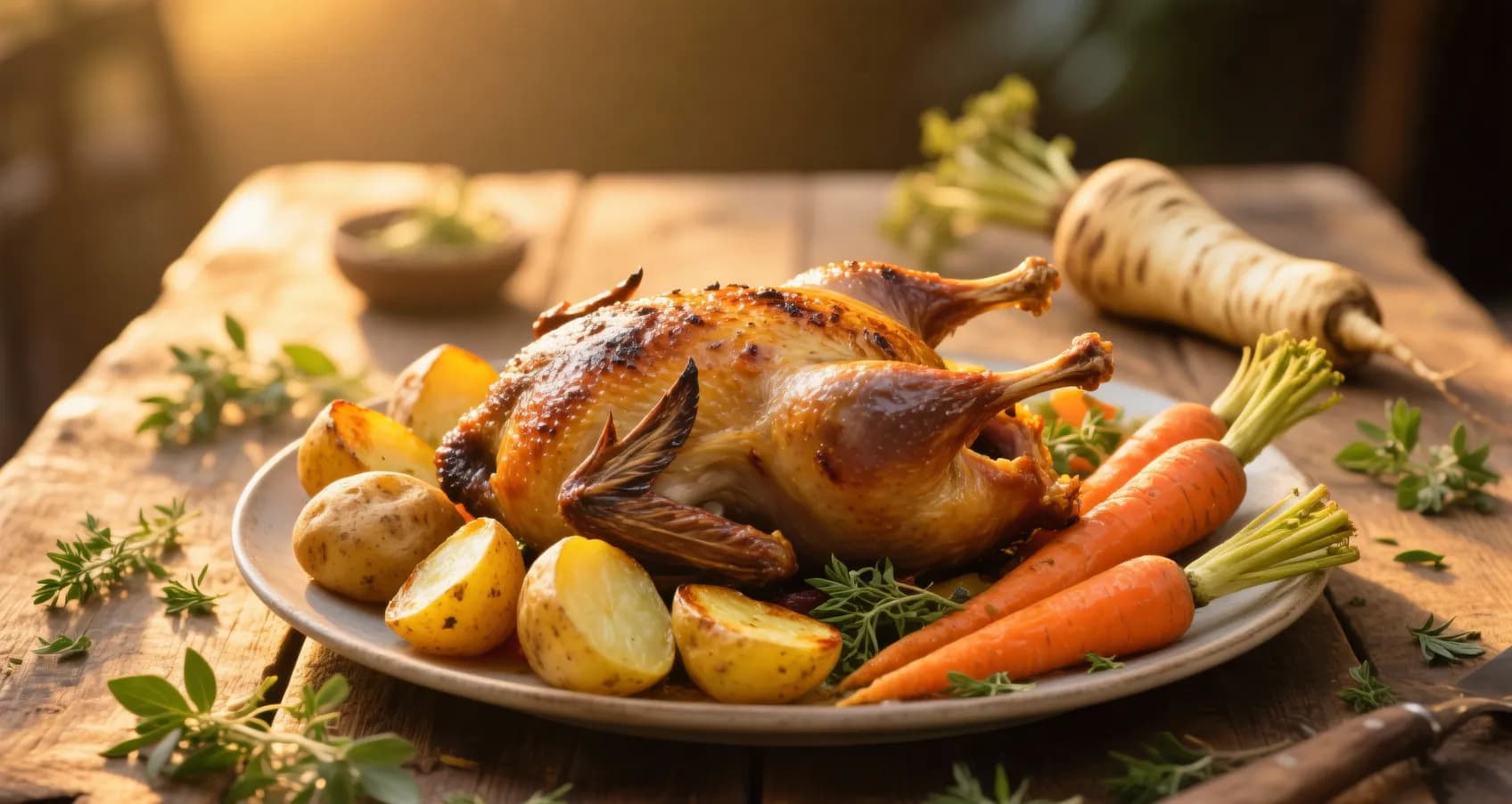 Chapon au four doré et croustillant entouré de légumes rôtis sur une table en bois rustique