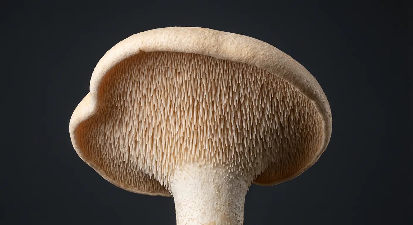 Gros plan iconique d'un champignon pied de mouton sur fond sombre