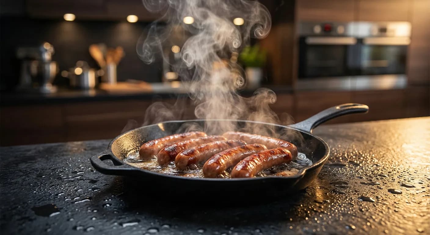 Saucisses knackis fumantes après décongélation et cuisson