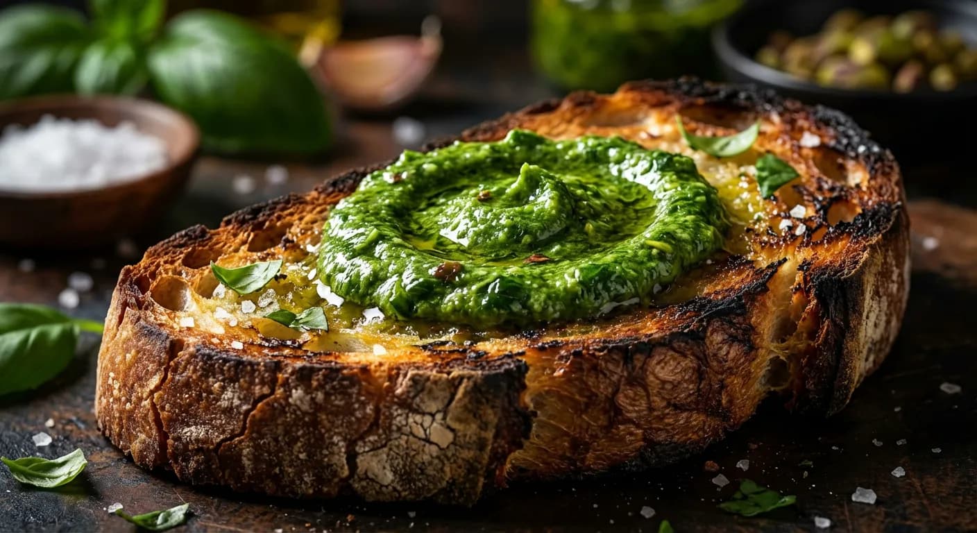 Gros plan sur une tranche de pain grillé avec du pistou frais