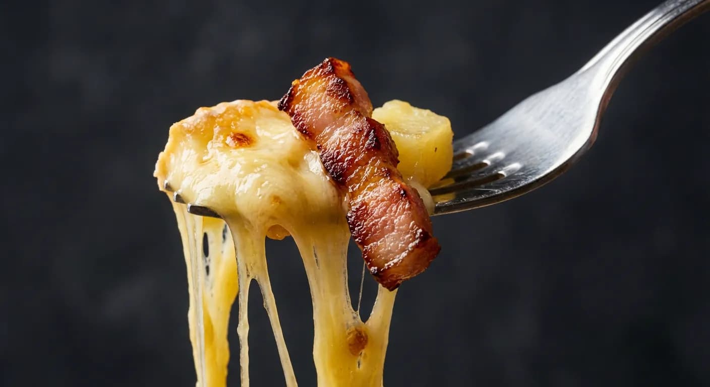Gros plan sur le fromage fondu et les lardons d'une tartiflette