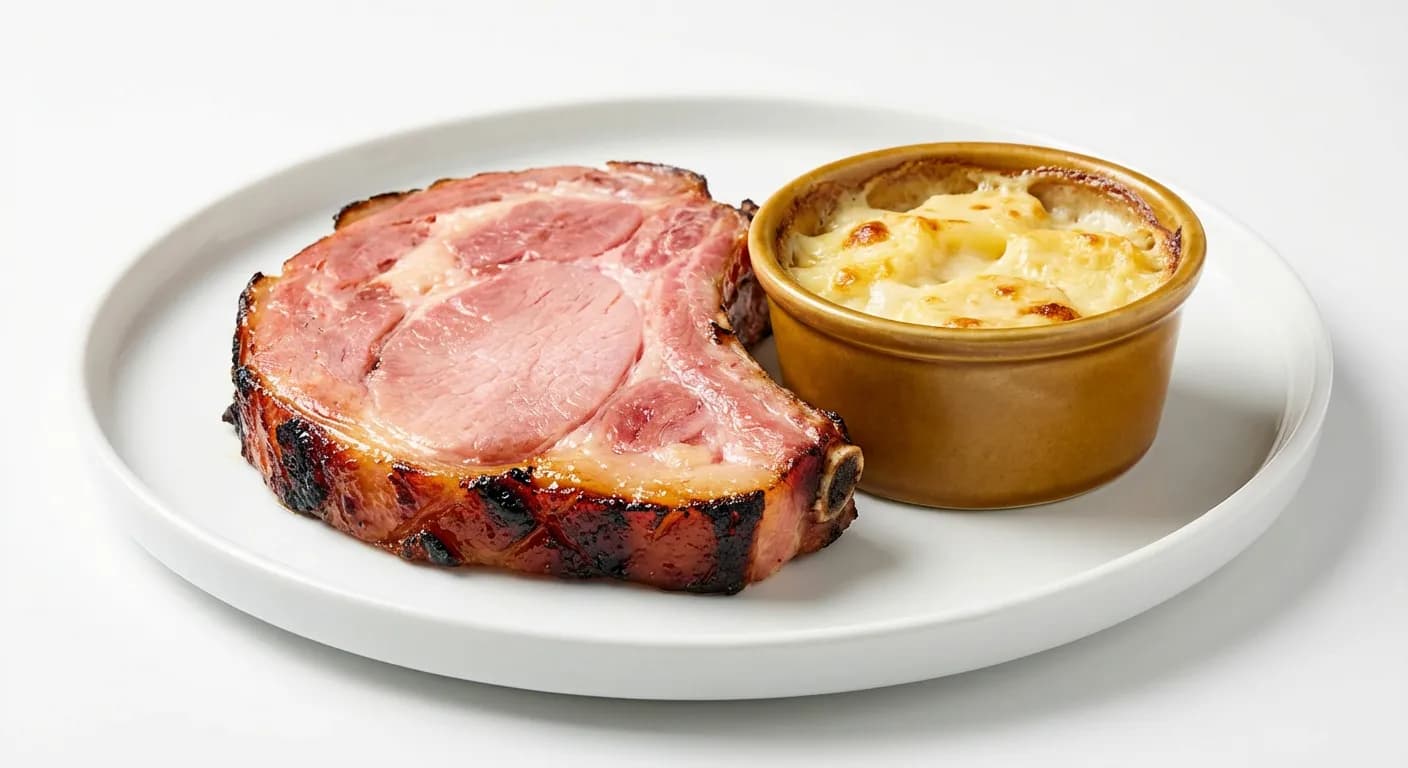 Tranche de jambon à l'os et son gratin de pommes de terre