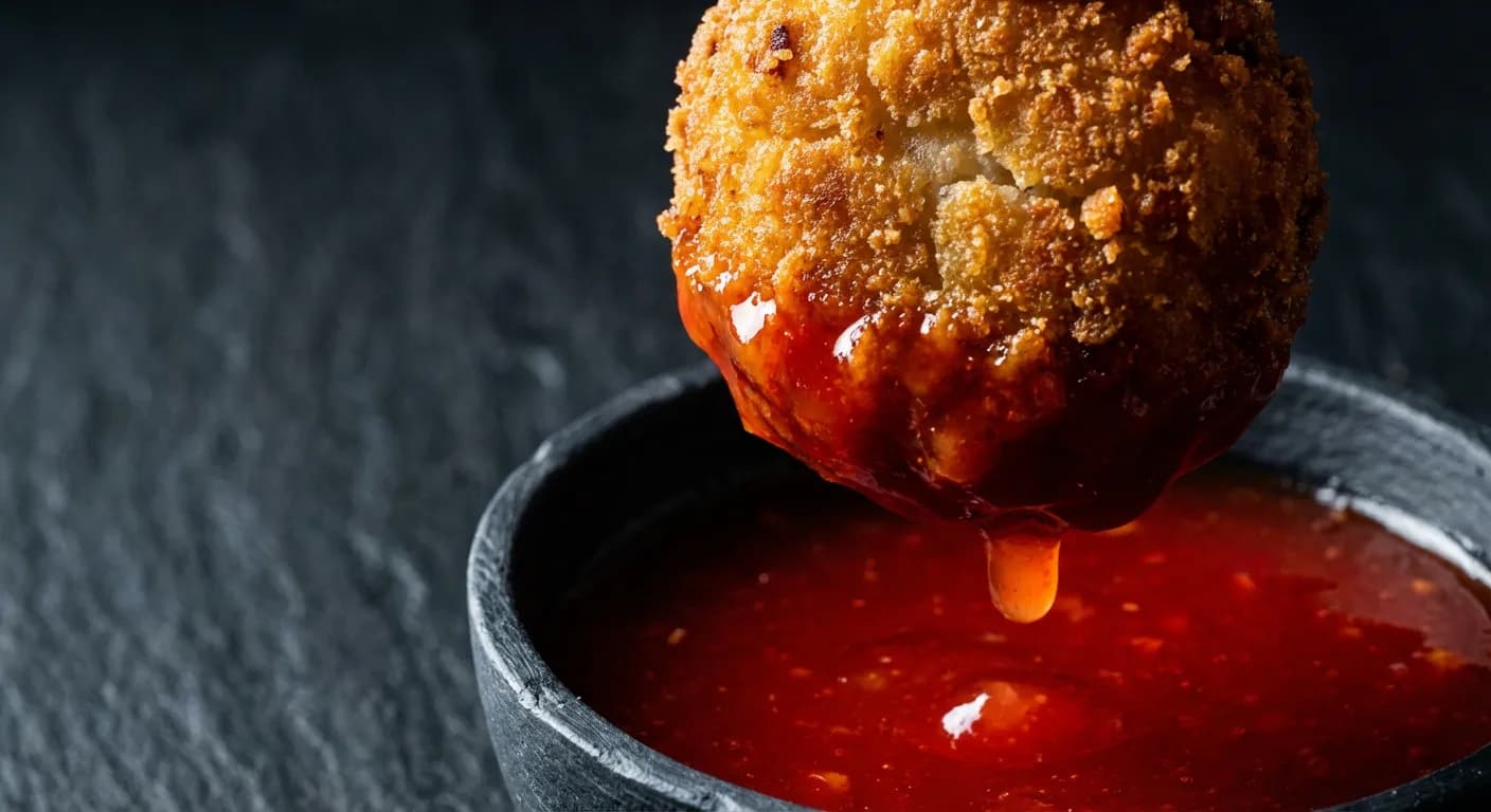 Gros plan sur un accra de morue plongé dans une sauce pimentée