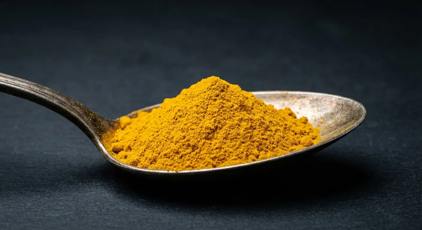 Cuillère d'épice jaune vif sur fond noir