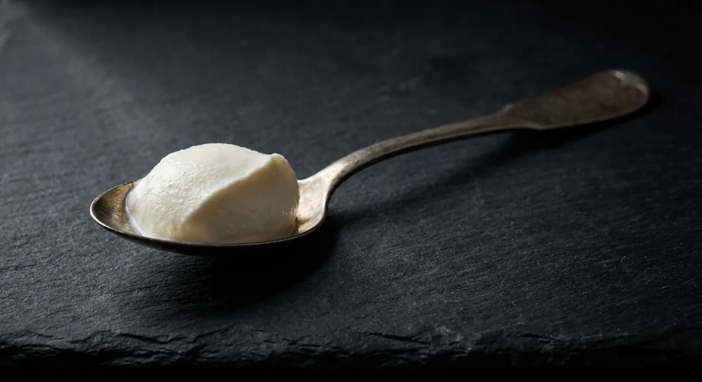 Gros plan d'une cuillère de fromage blanc sur fond sombre contrasté