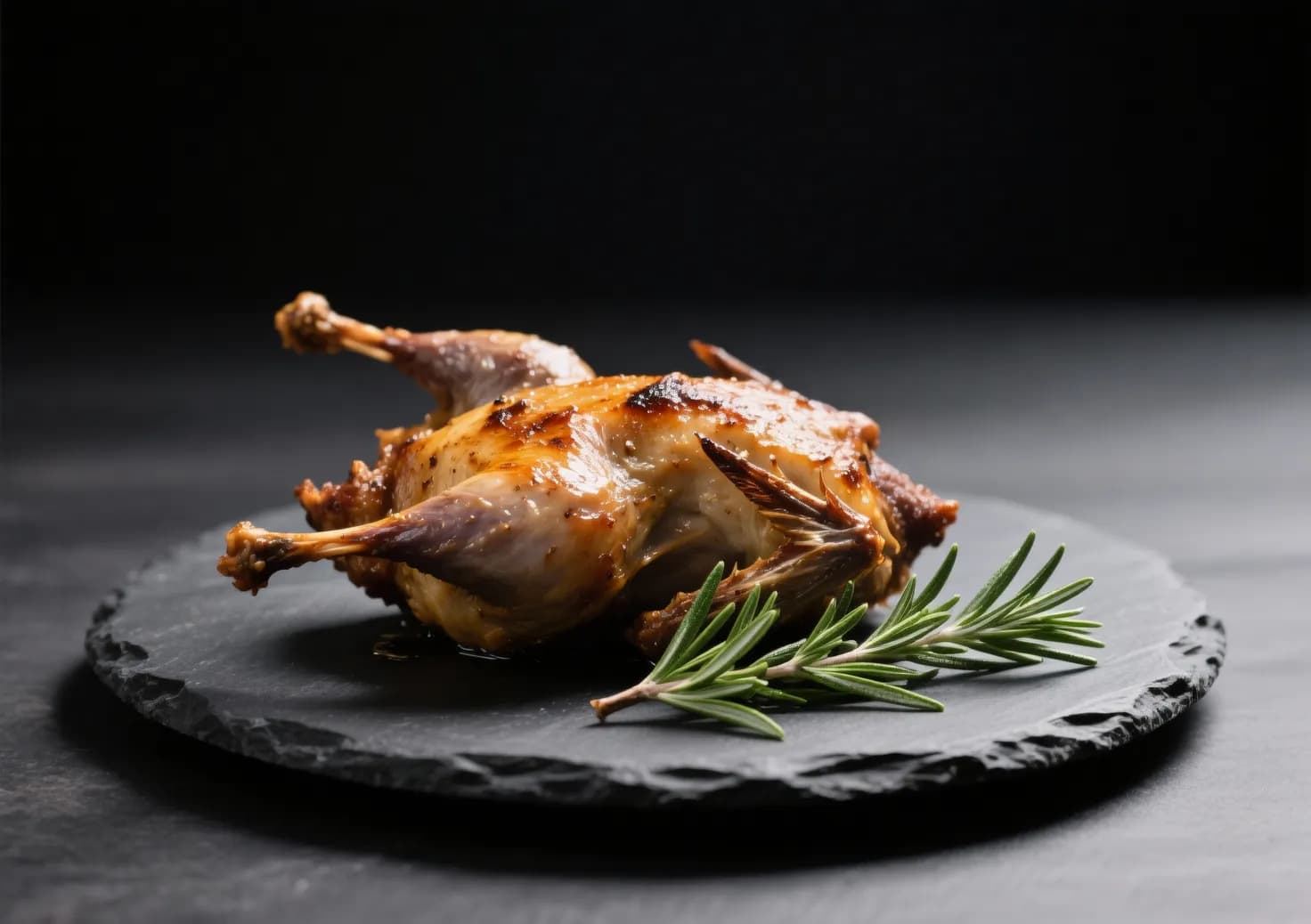 Caille rôtie sur assiette sombre avec branche de romarin