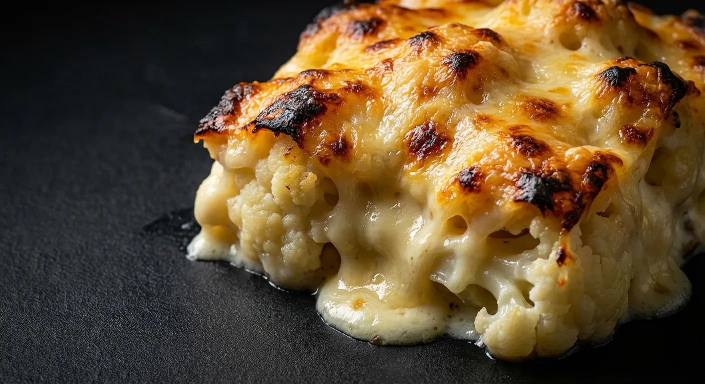 Gros plan contrasté sur la croûte de fromage fondu d'un gratin de chou-fleur.