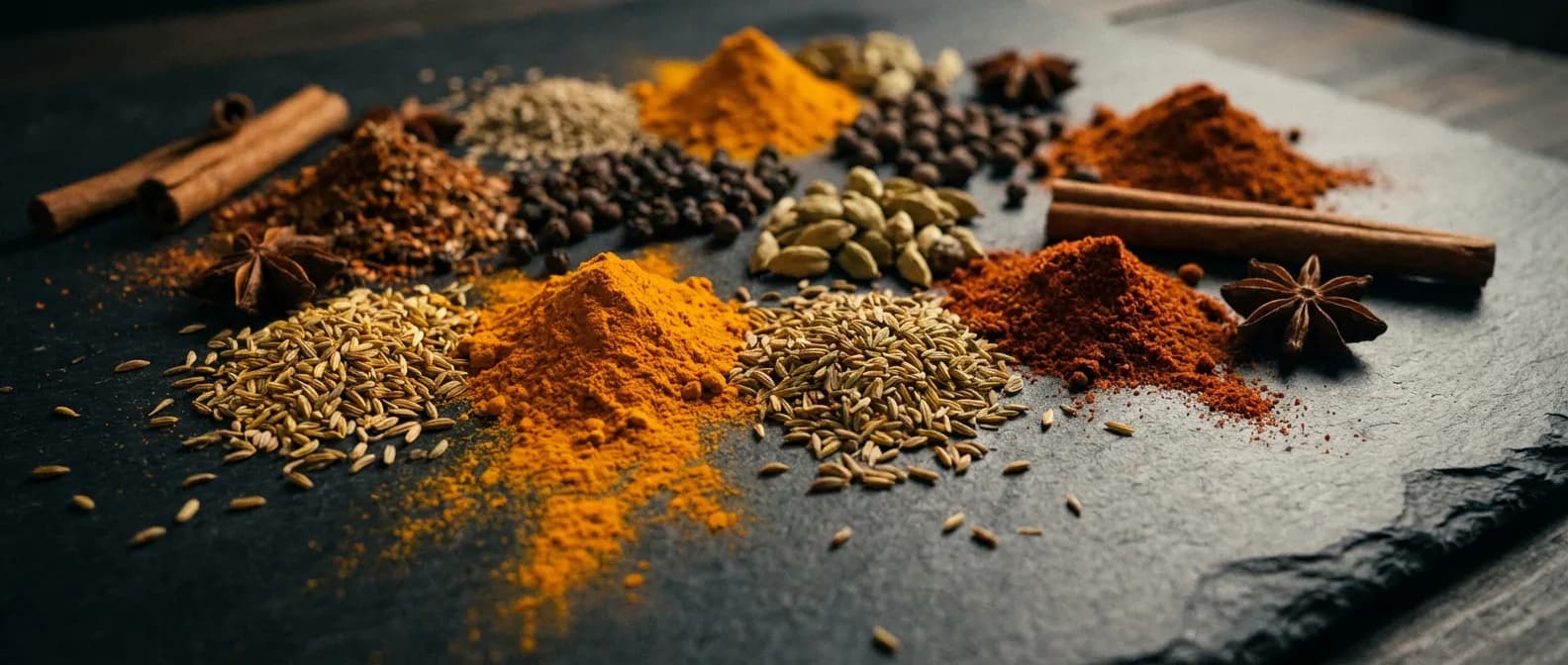Vue cinématographique de diverses épices colorées sur un plan de travail sombre