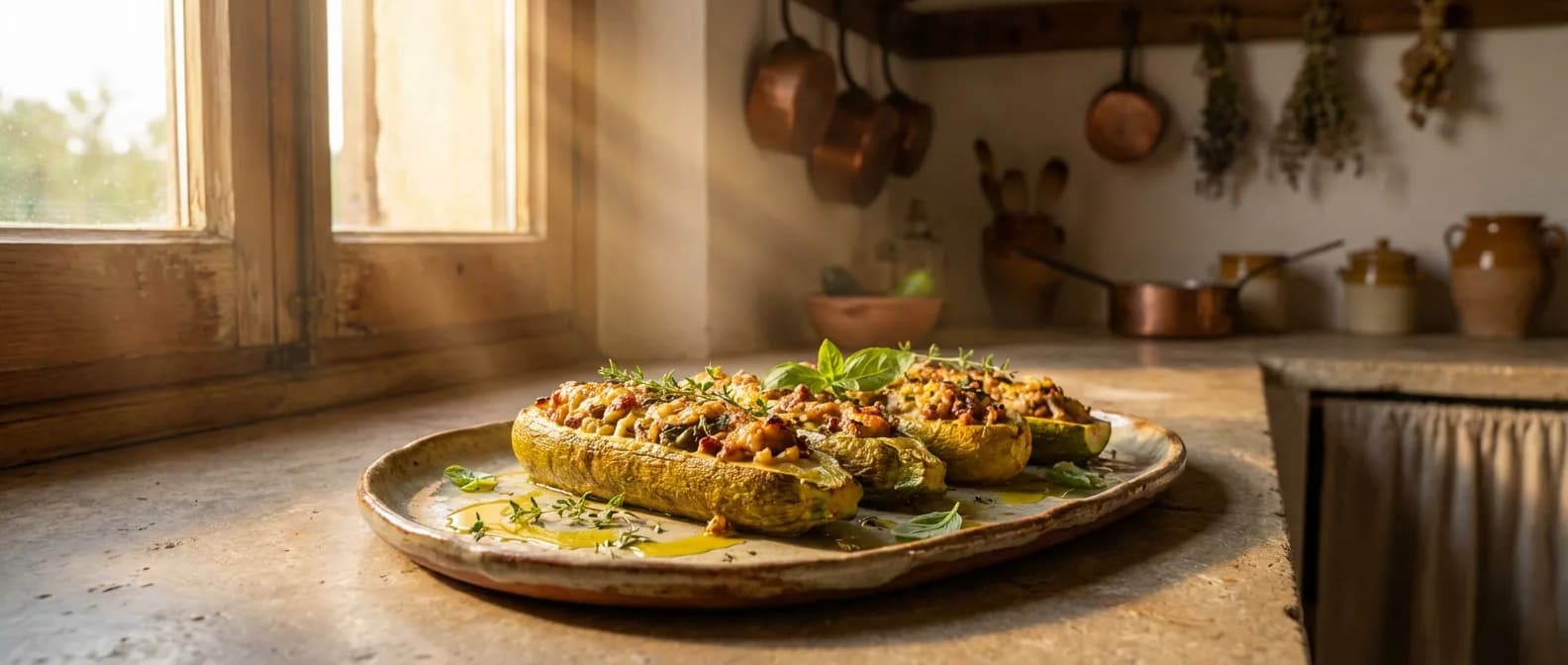 Plat de courgettes farcies gastronomiques sous une lumière naturelle dorée