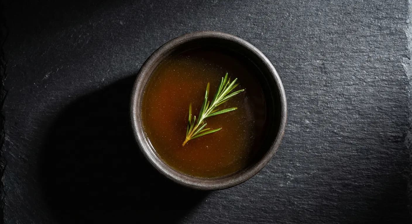 Bouillon ambré concentré dans un bol noir minimaliste