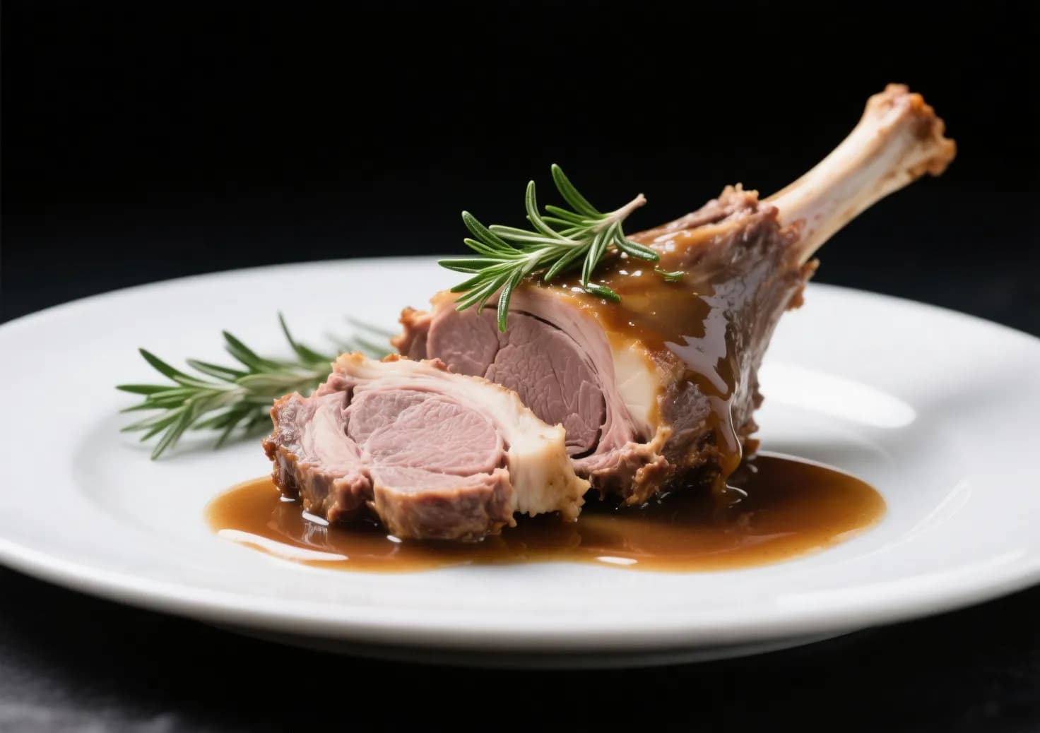 Tranches de gigot d'agneau juteuses et bien cuites, nappées de sauce et garnies de romarin