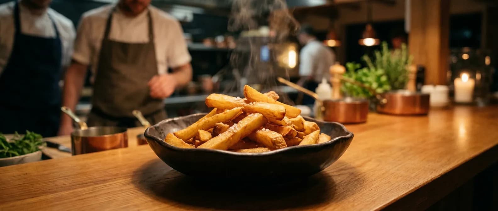 Frites dorées et croustillantes préparées au four présentées dans un bol artisanal, style éditorial.
