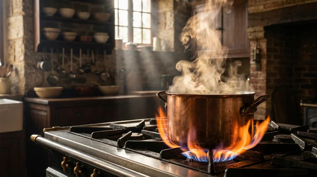 Une cocotte en cuivre chauffée par des flammes vives dans une cuisine de luxe, style éditorial.