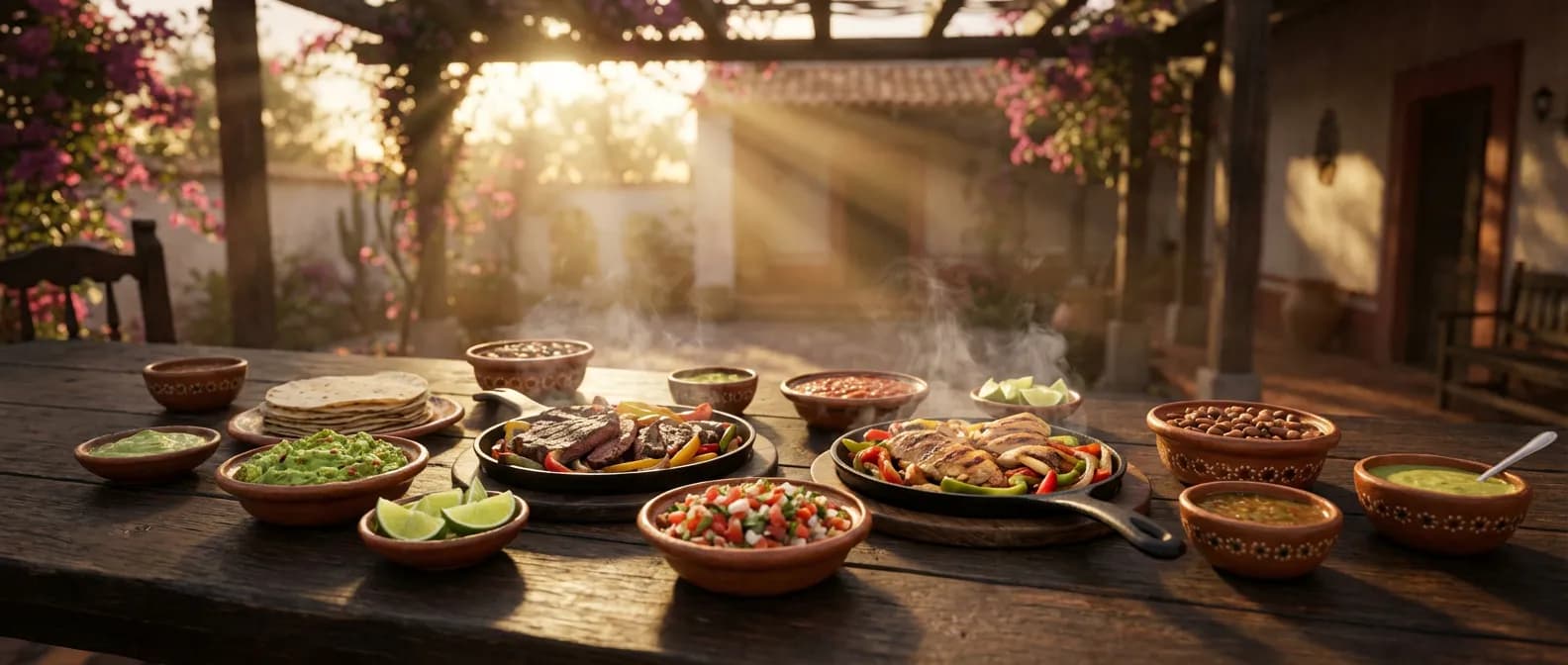 Table de fête mexicaine avec fajitas fumantes et accompagnements gourmands