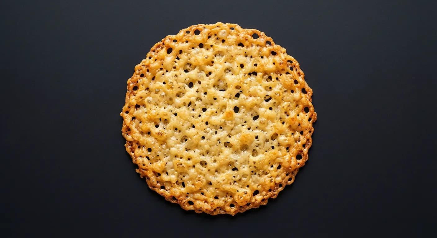 Gros plan minimaliste d'une tuile de parmesan croustillante sur fond sombre