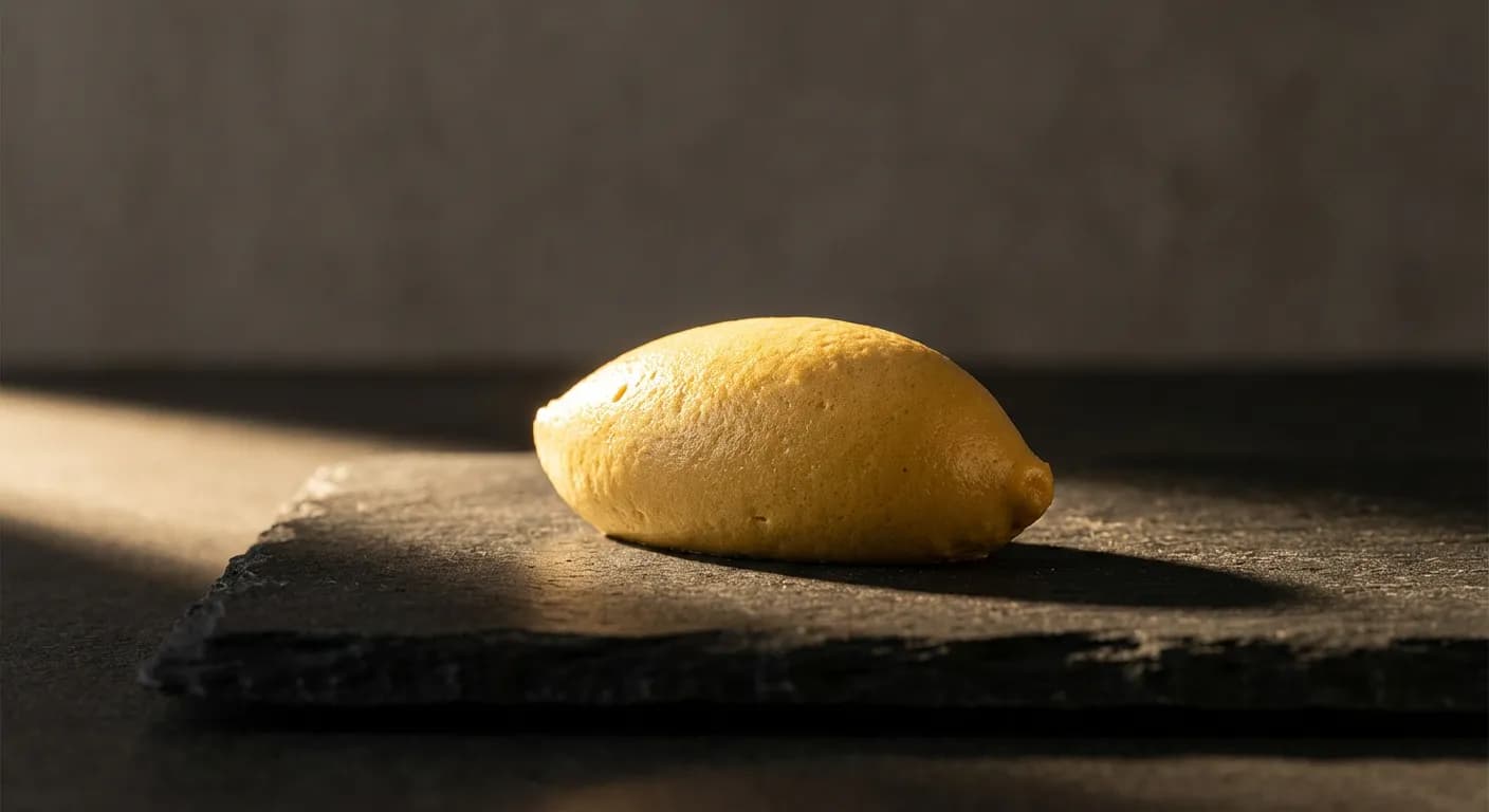 Gros plan minimaliste sur une quenelle dorée sur fond sombre.