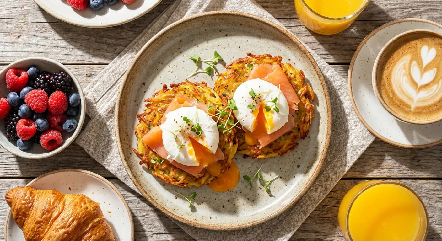 Brunch sophistiqué avec rostis, œuf poché et saumon fumé