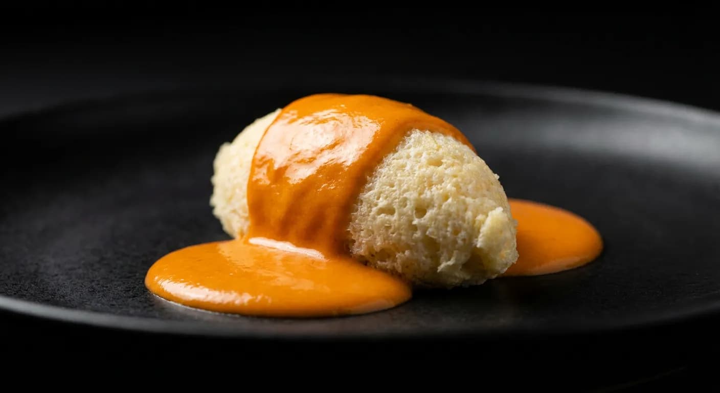 Gros plan sur une quenelle nappée de sauce onctueuse.