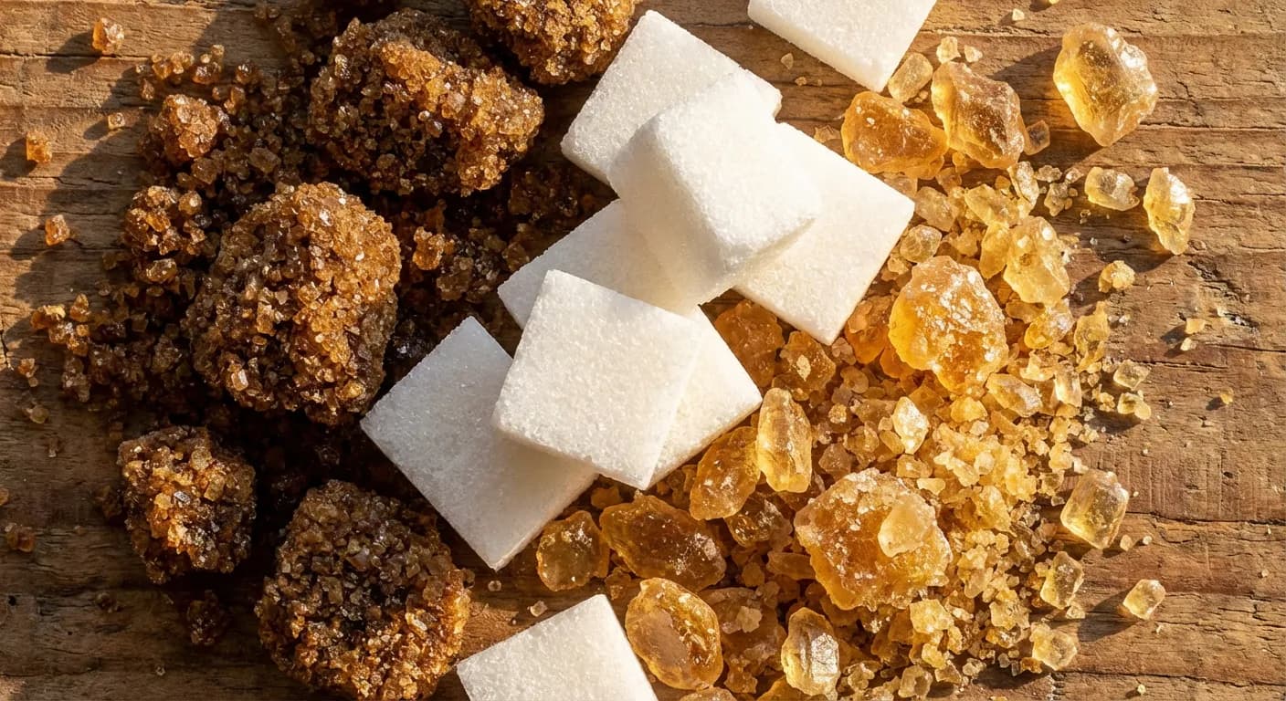 Comparaison de textures entre sucre roux, cassonade et morceaux de sucre blanc en gros plan.