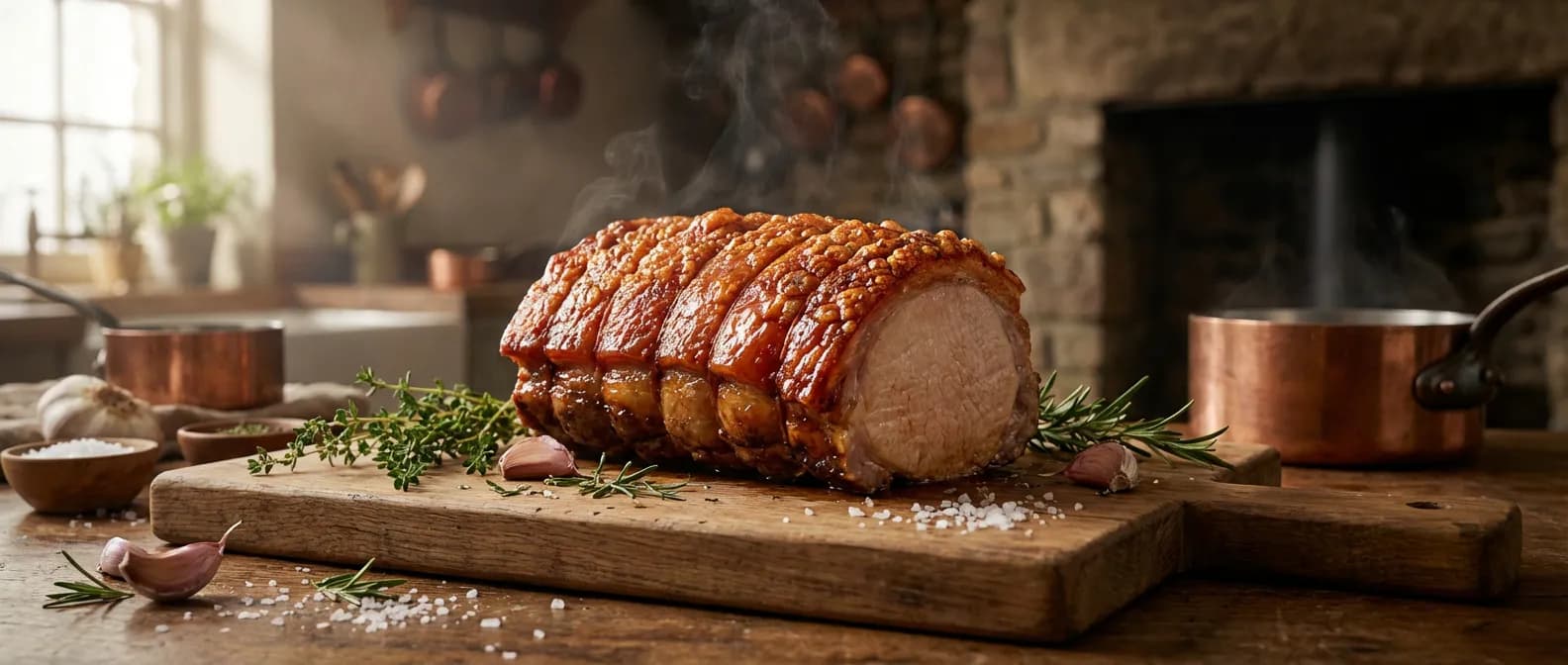 Rôti de porc saumuré parfaitement doré et fumant sur une planche en bois rustique