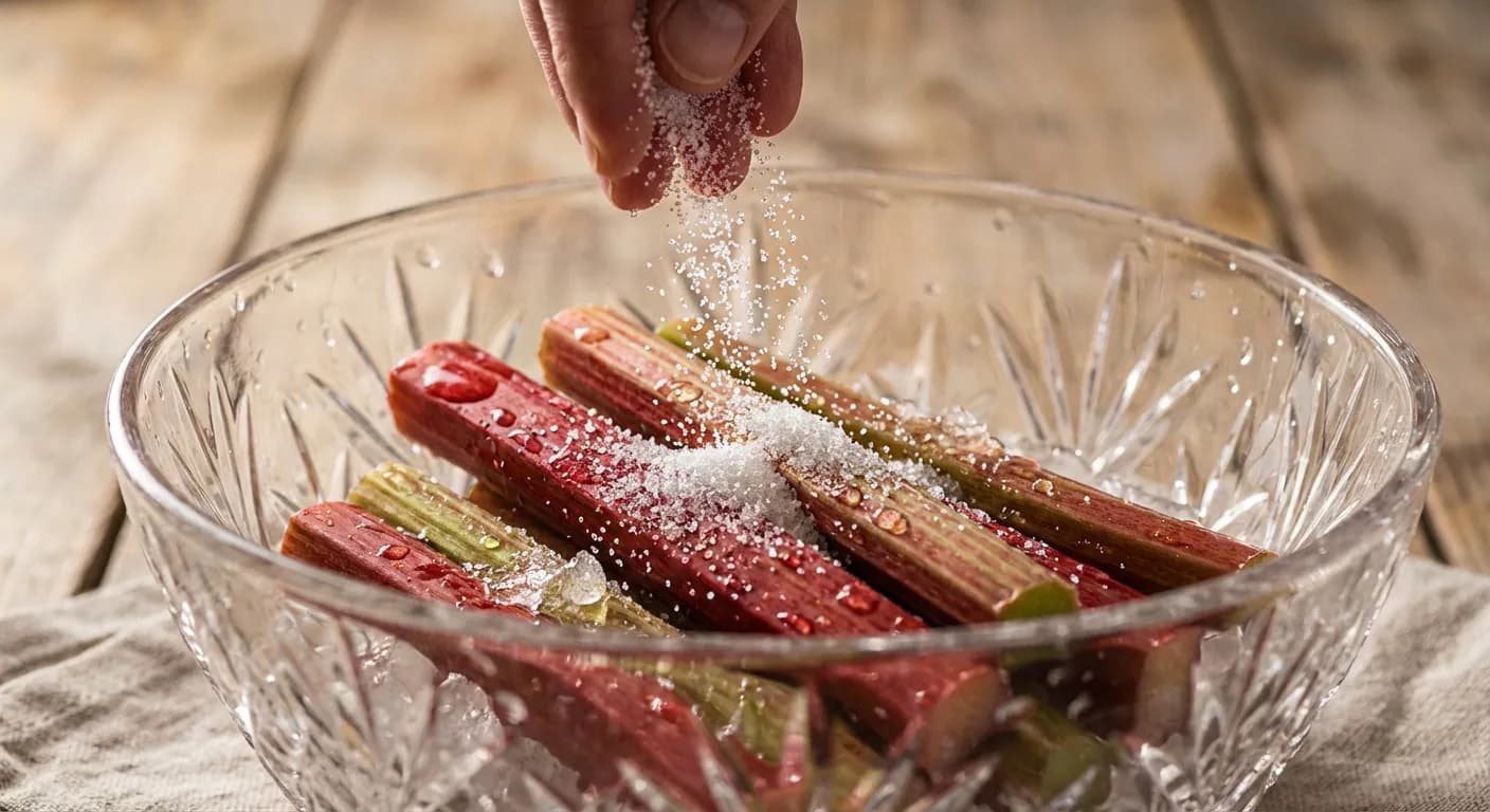 Sucre saupoudré sur de la rhubarbe en train de décongeler dans un bol en verre