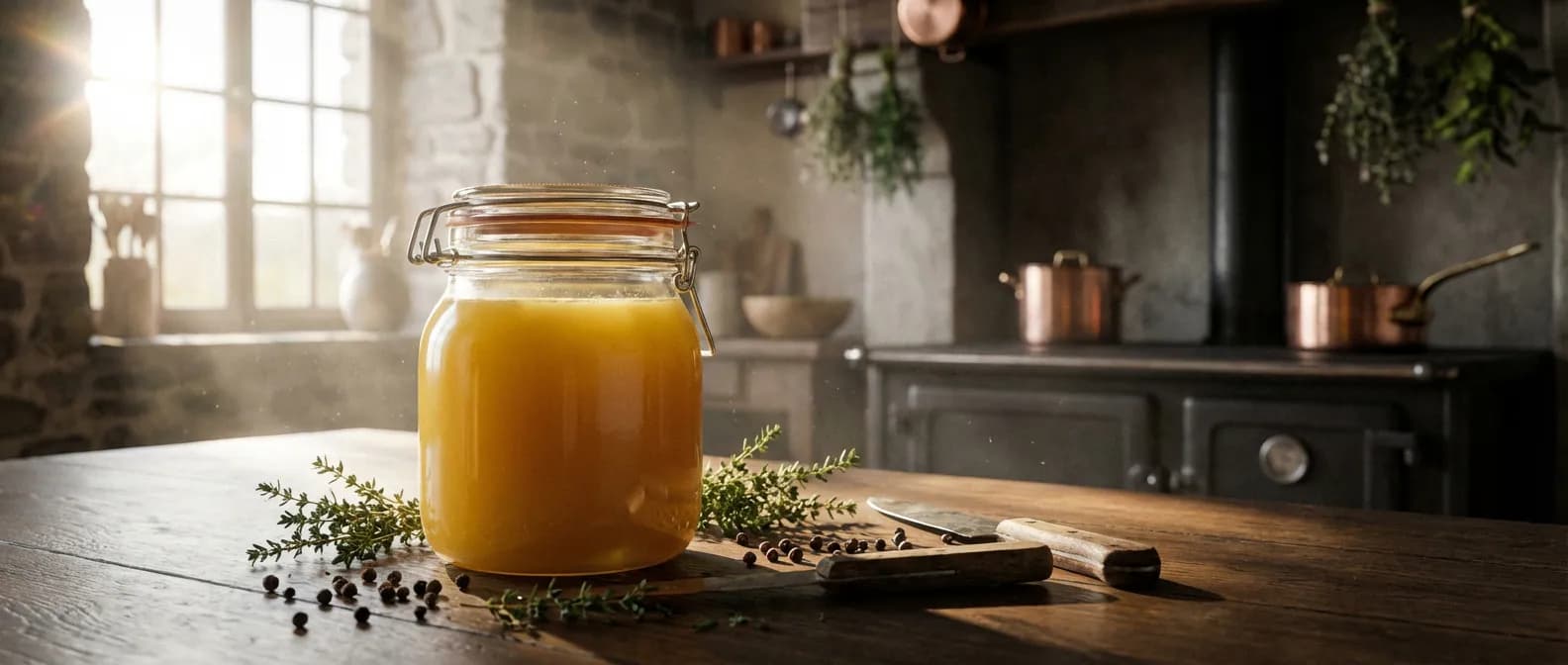 Bocal en verre de graisse de canard confit dorée sur une table en bois rustique avec une lumière naturelle douce.