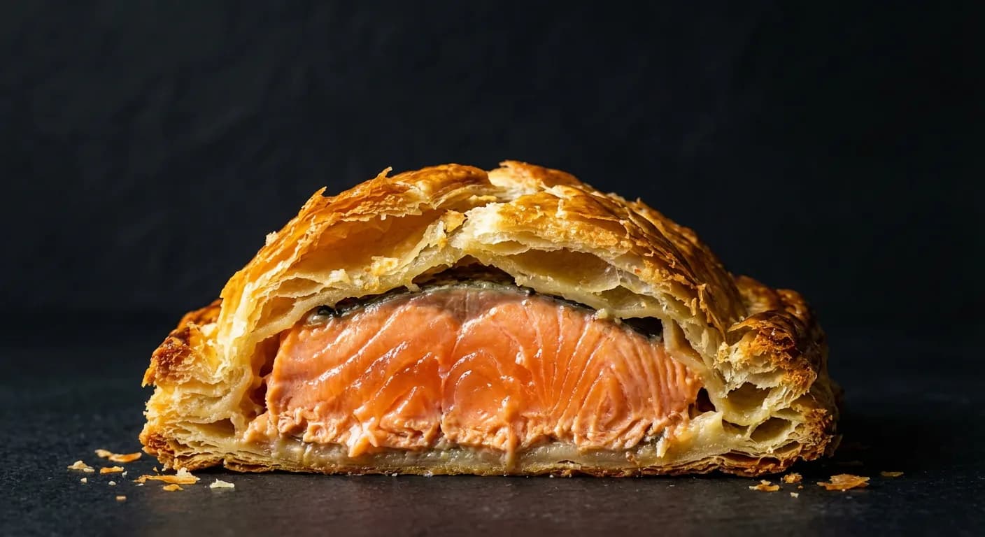Tranche de feuilleté au saumon croustillante avec cœur fondant.
