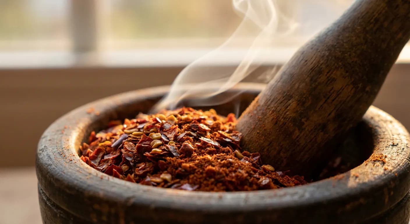 Gros plan sur du piment fumé artisanal dans un mortier en bois