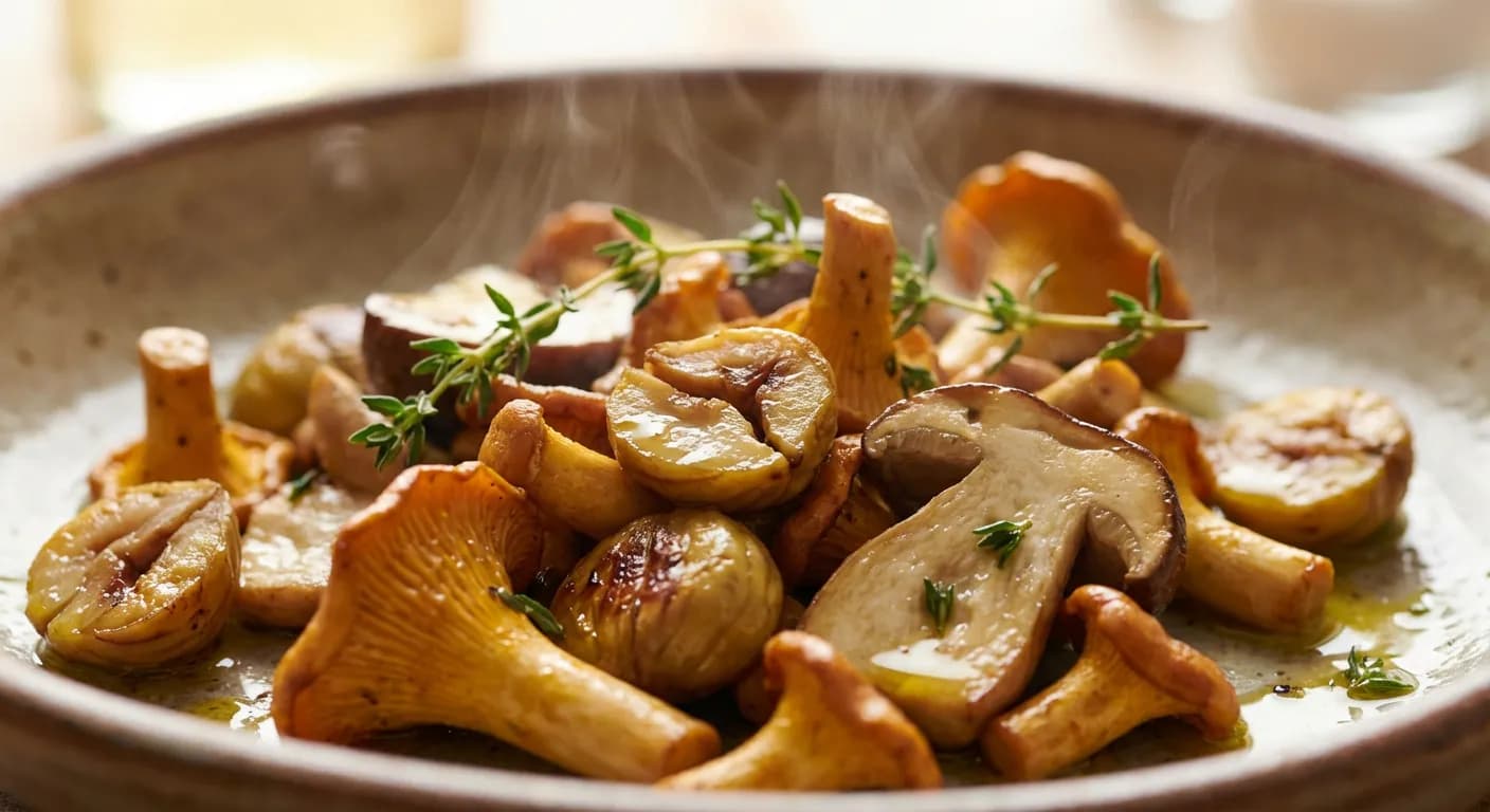 Détail macro de champignons sauvages et marrons sautés aux herbes.