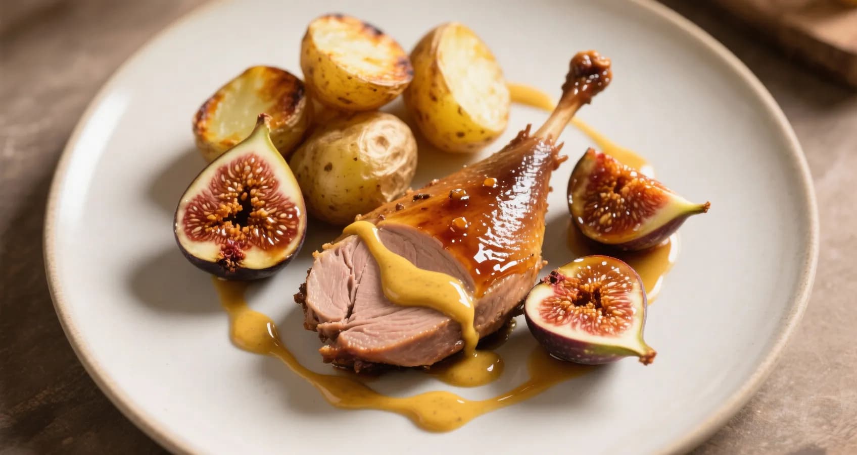 Assiette de magret de canard avec figues caramélisées et pommes de terre rôties