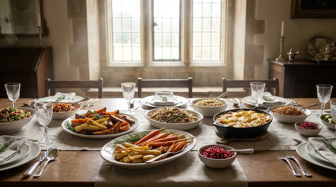 Table de banquet somptueuse mettant en scène une variété d'accompagnements gastronomiques colorés sous une lumière naturelle.