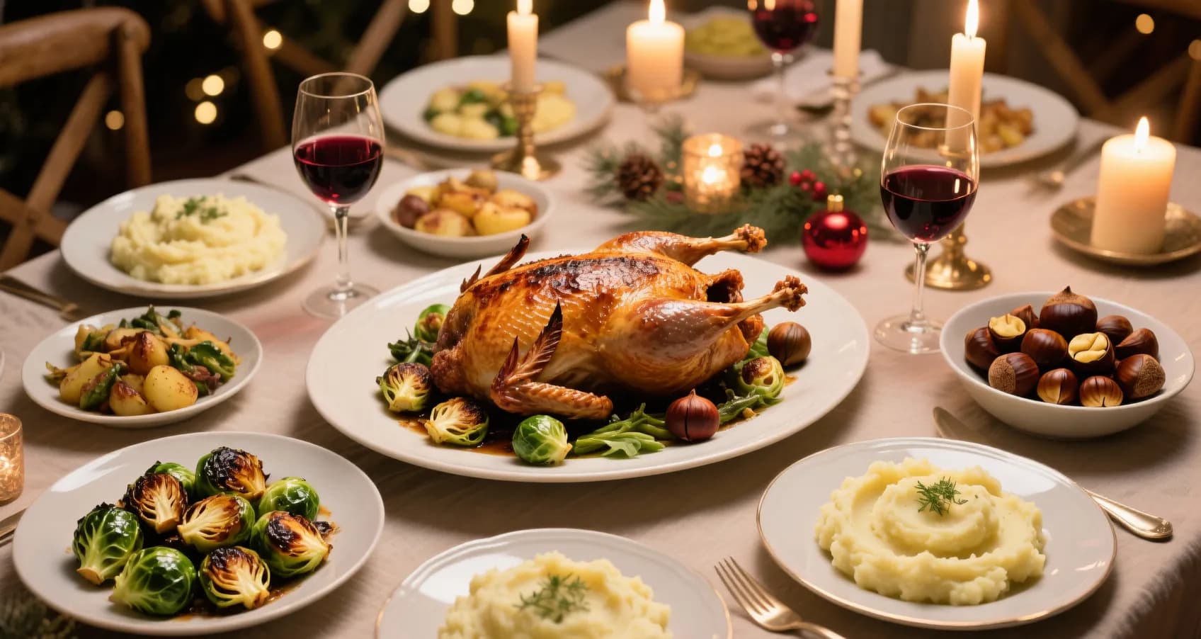 Table festive avec chapon au four et accompagnements variés pour un repas de fête