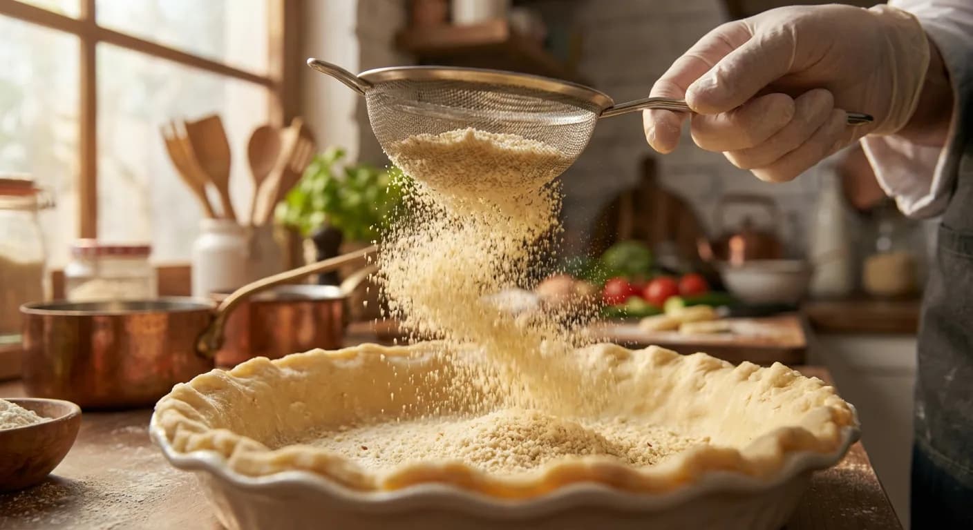 Saupoudrage de poudre d'amande sur une pâte à tarte pour absorber l'excès de jus