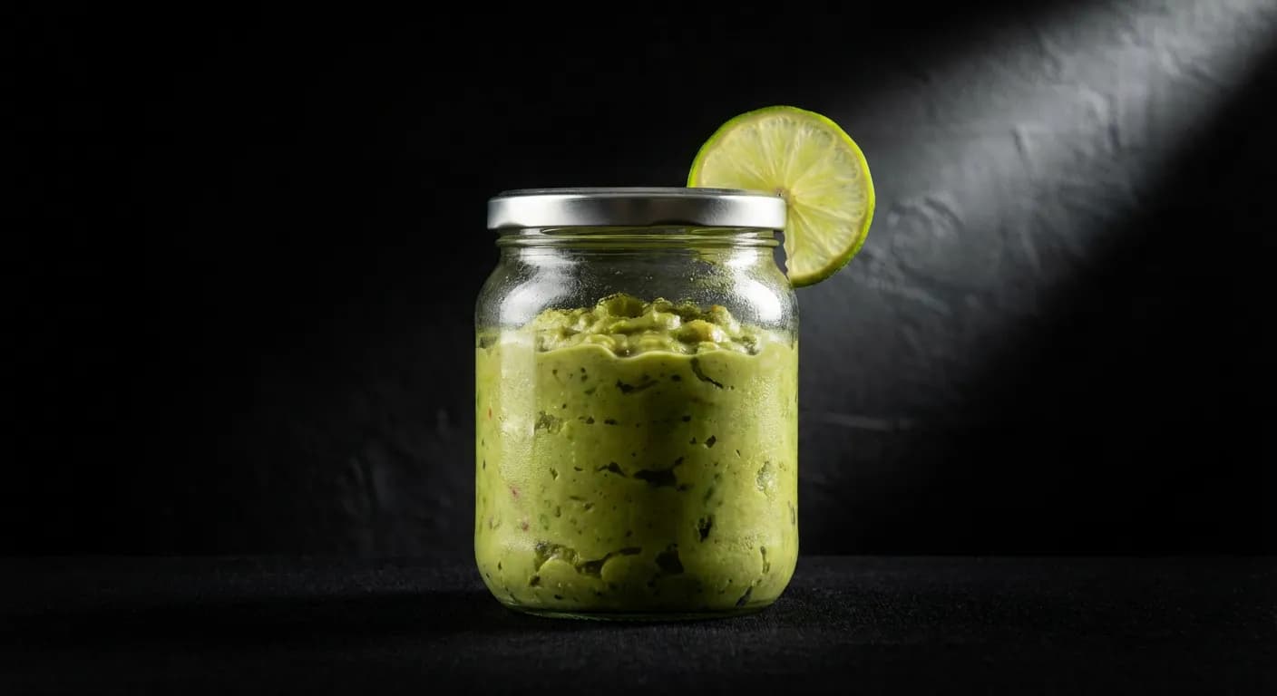 Miniature minimaliste d'un pot de guacamole sur fond noir