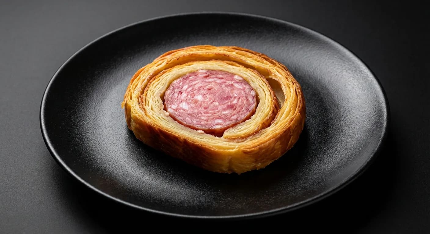 Gros plan sur une tranche parfaite de saucisson brioché