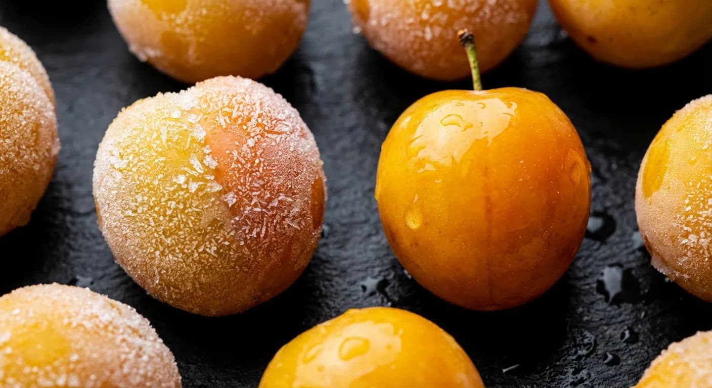 Gros plan contrasté sur des mirabelles givrées et fraîches montrant la texture du fruit
