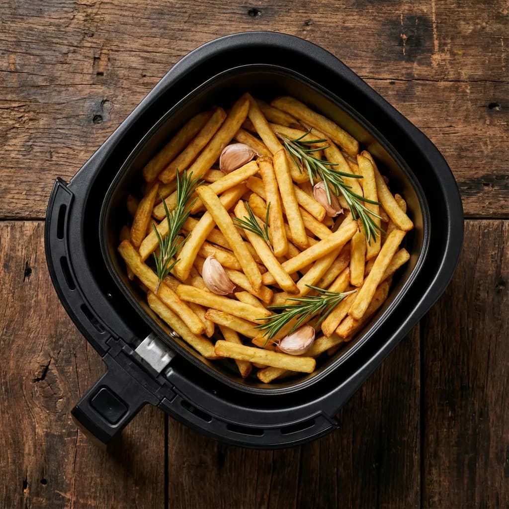 Panier de friteuse à air rempli de frites dorées avec herbes aromatiques.