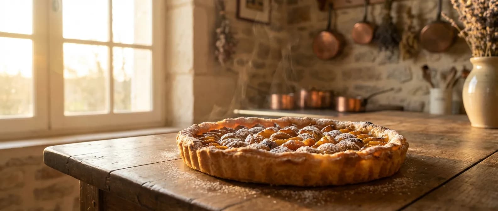 Une tarte aux mirabelles dorée et fumante sur une table en bois rustique baignée d'une lumière de fin de journée