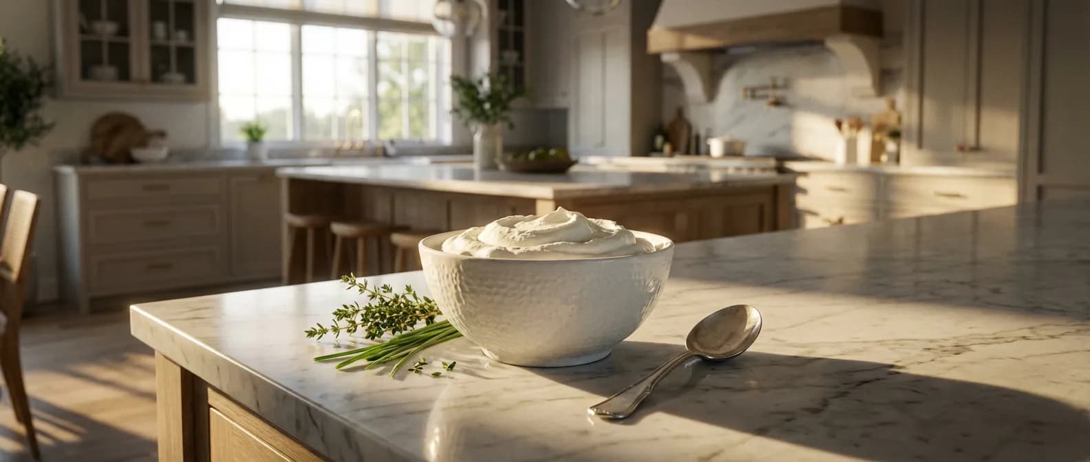 Bol de fromage blanc onctueux dans une cuisine haut de gamme baignée de lumière