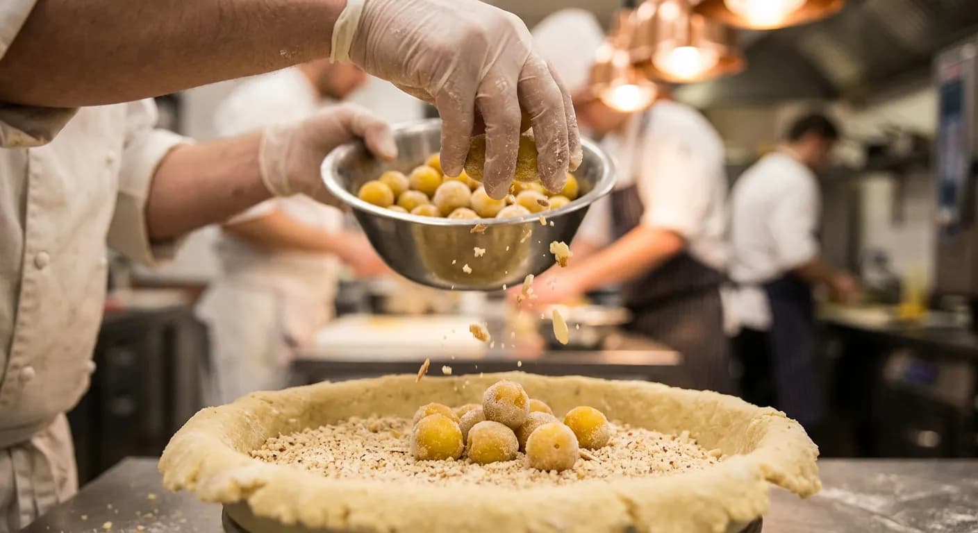 Main de pâtissier disposant des mirabelles congelées sur une pâte à tarte avec poudre d'amande