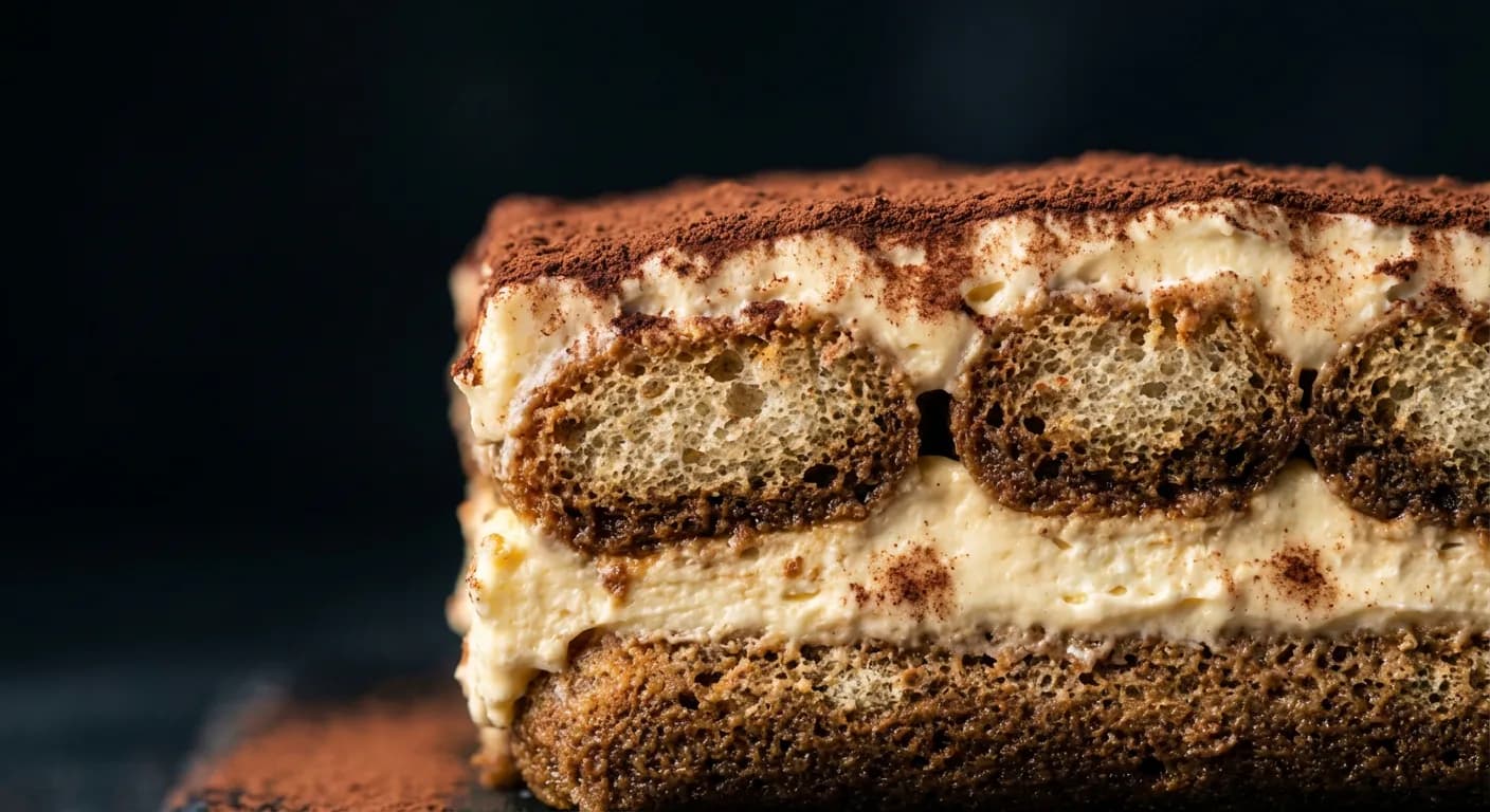 Gros plan sur les couches d'un tiramisu frais, mettant en avant la texture de la crème.