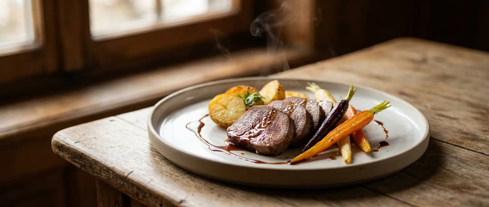 Plat de langue de bœuf gastronomique avec ses accompagnements de légumes
