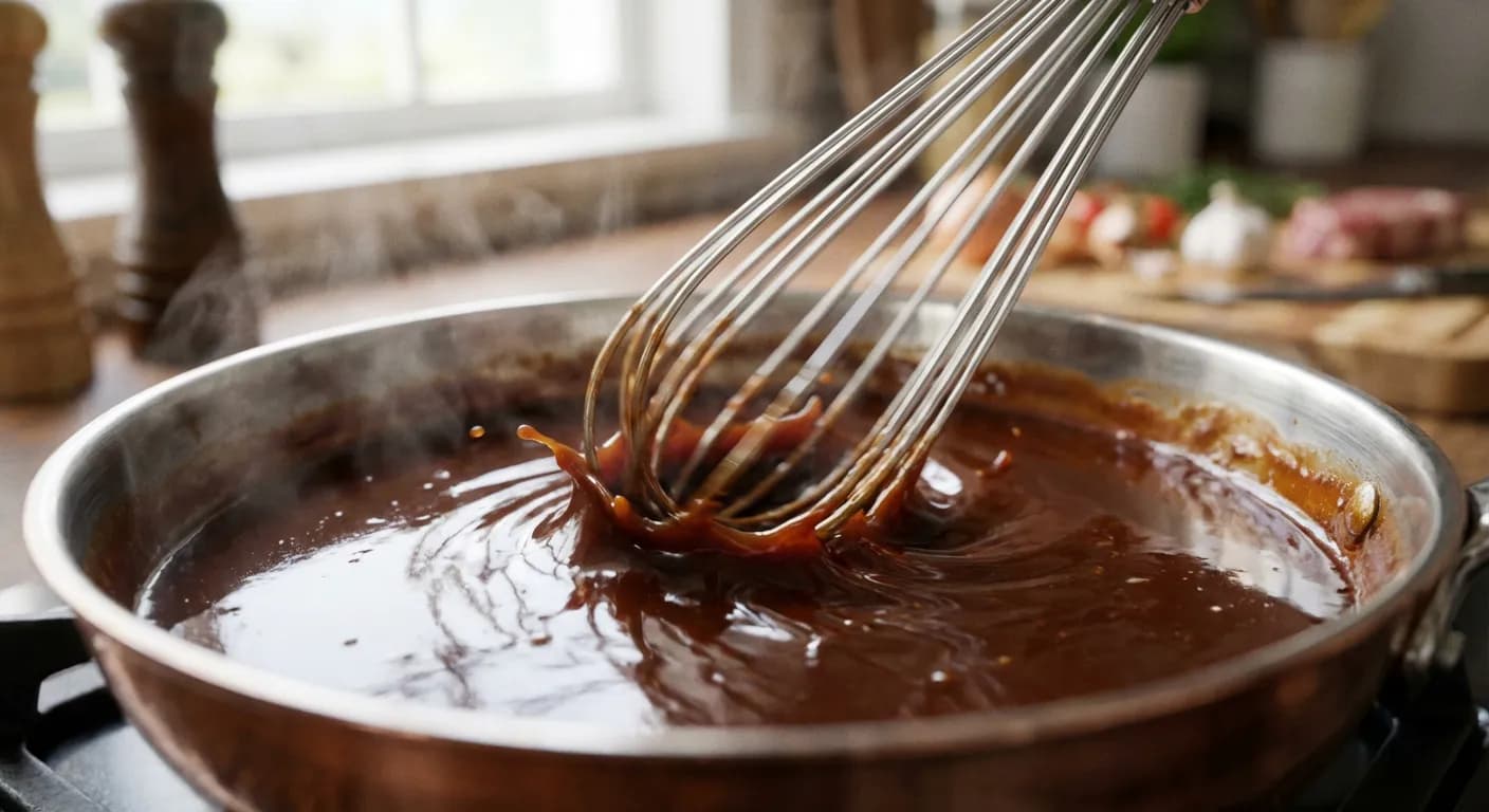 Action de fouetter une sauce brune onctueuse pour éviter les grumeaux