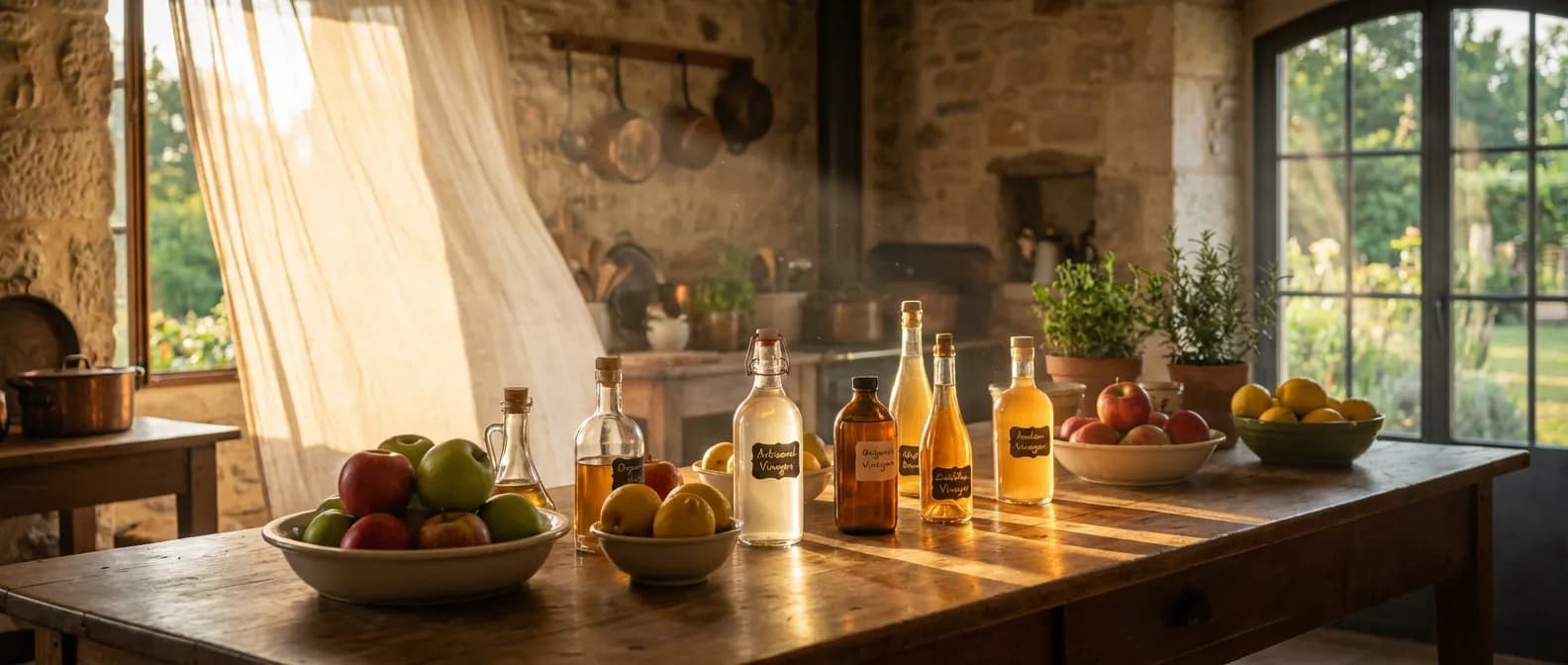 Une sélection de bouteilles de vinaigres artisanaux et de fruits frais sur une table de cuisine ensoleillée