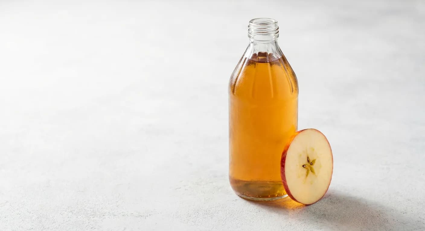 Une bouteille de vinaigre de cidre et une tranche de pomme sur fond neutre