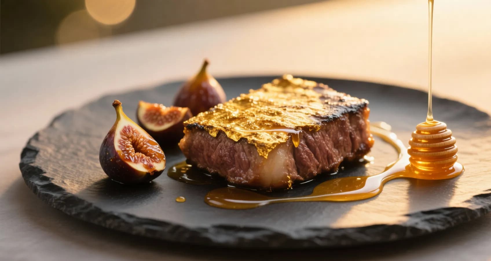 Foie gras poêlé servi avec des figues caramélisées et un filet de miel sur une assiette en ardoise