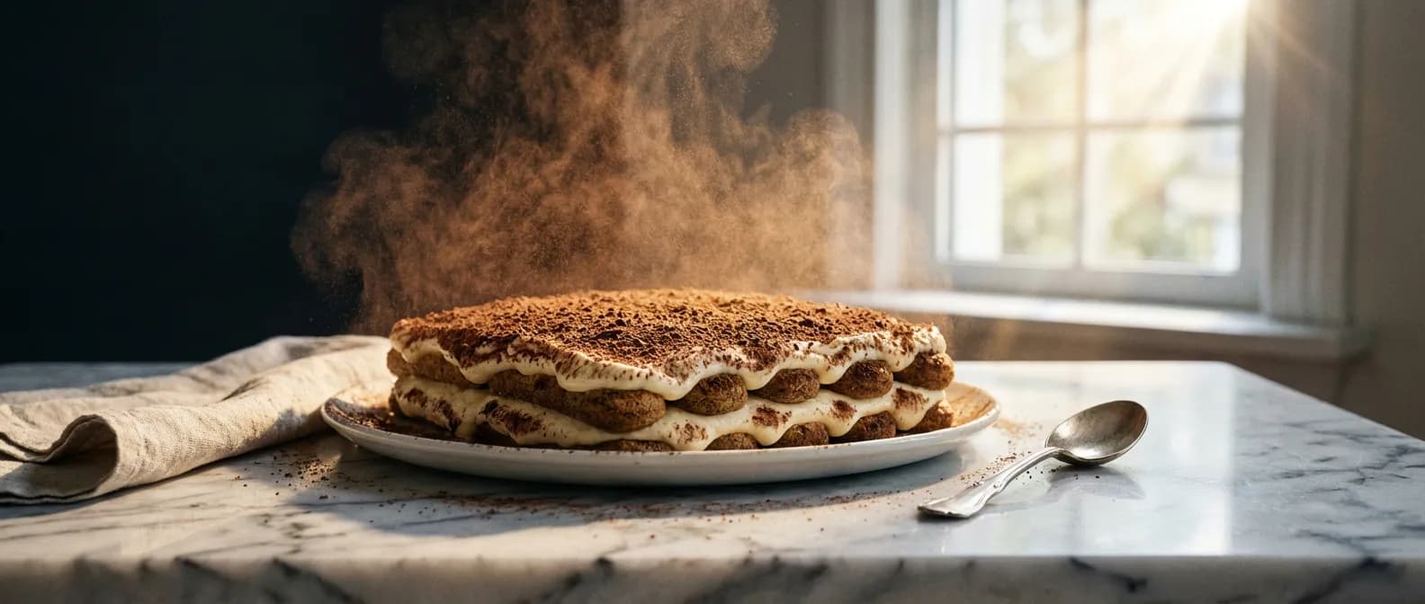 Un magnifique tiramisu maison saupoudré de cacao sur un plan de travail en marbre, éclairage naturel cinématographique.