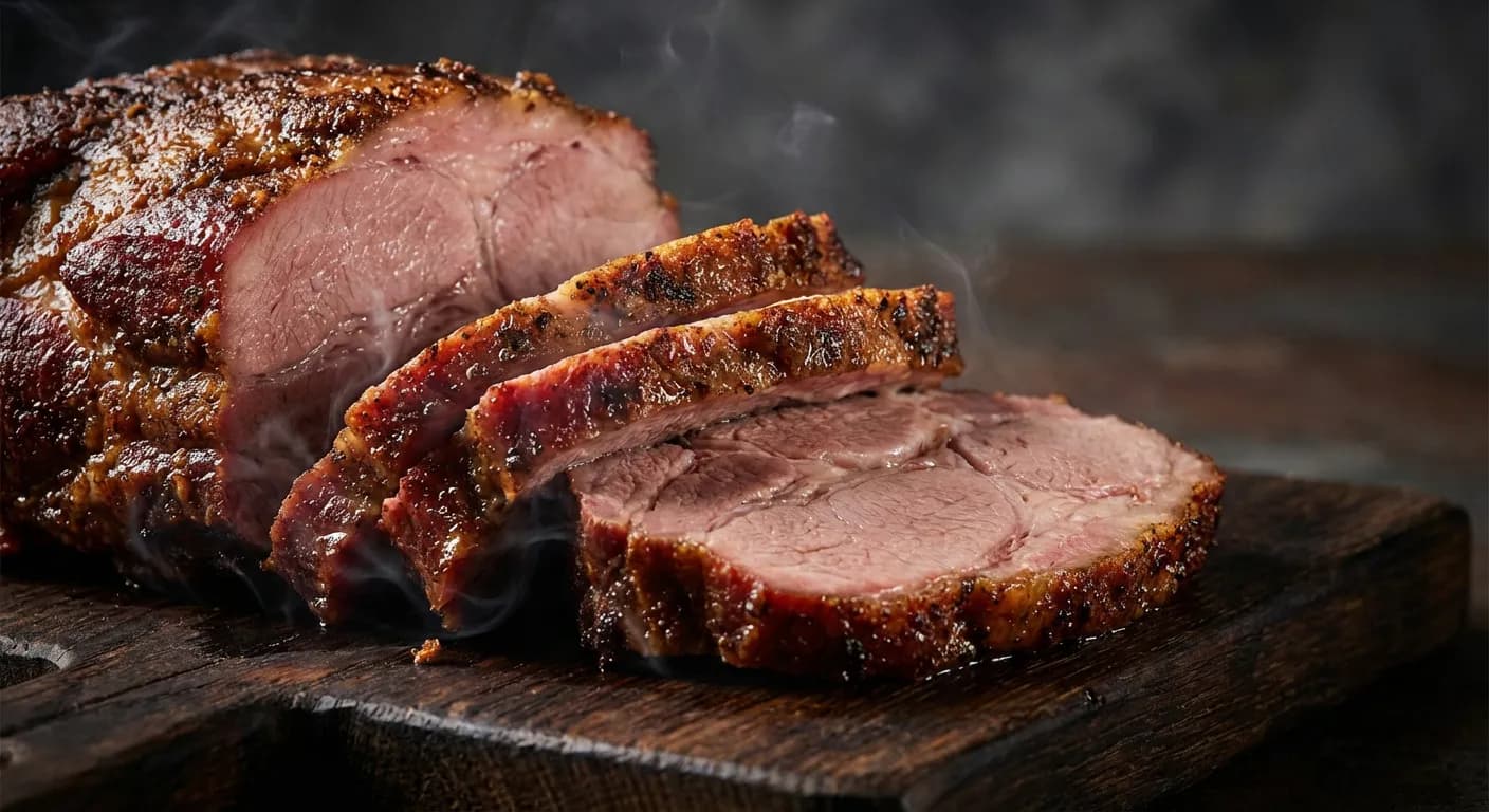 Gros plan sur une tranche de palette fumée montrant la texture tendre de la viande.